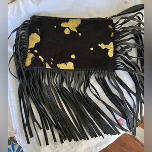 L&B Leather Western Fringe Wristlet in Black and Gold
